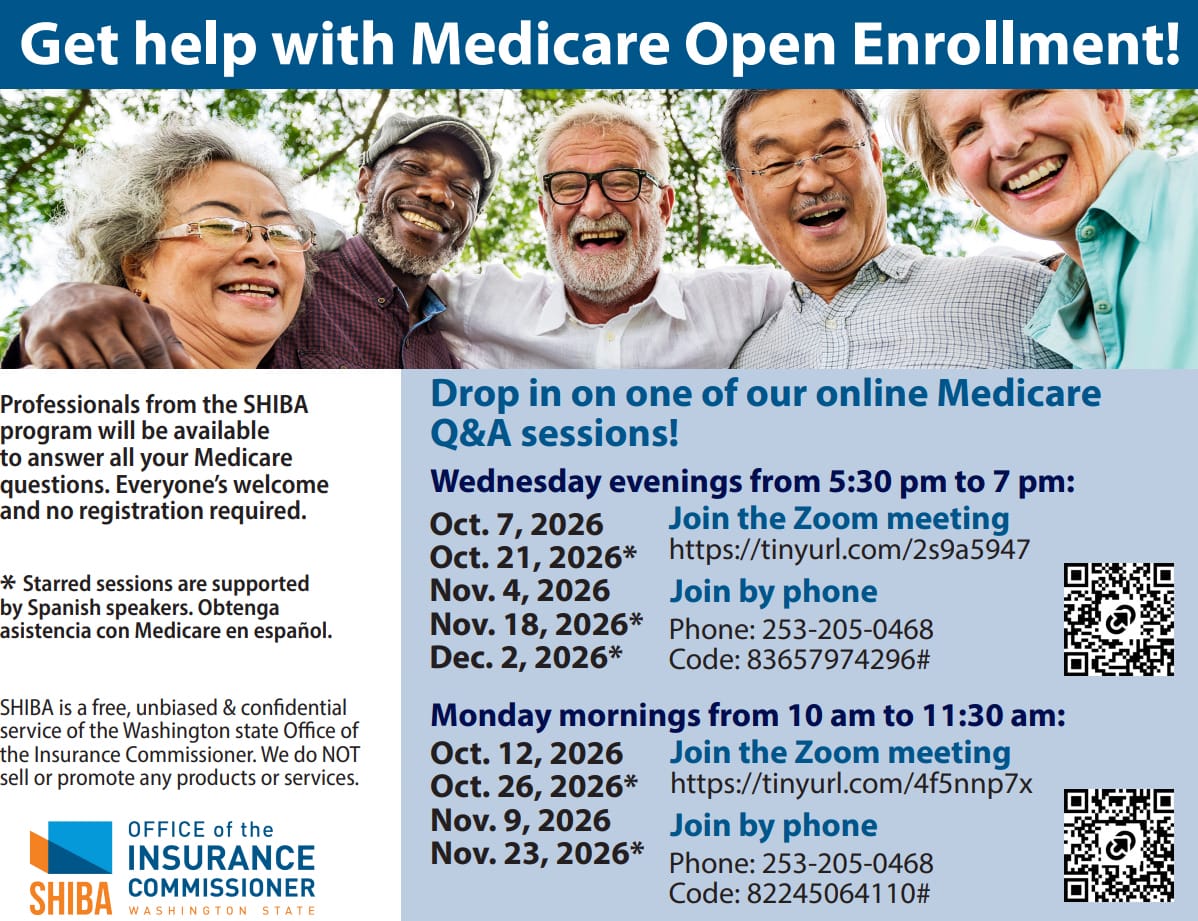 Medicare insurance questions answered by SHIBA representatives at virtual help sessions for Open Enrollment 2026. Flyer shows dates and times and Zoom links to each session.